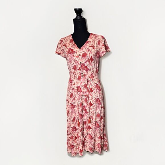 Knox Rose Dress S Floral High Low Midi Ruffle Short Sleeve Smocked Boho Cottage - Picture 1 of 5